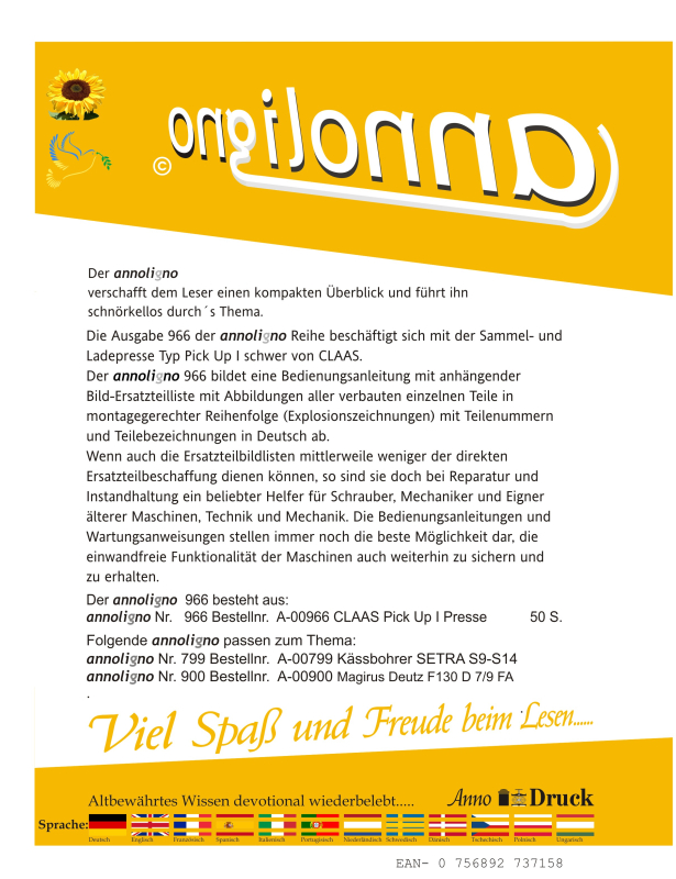 CLAAS Presse Sammelpresse Typ Pick Up I schwer Bild- Ersatzteilliste & Explosionszeichnungen - annoligno 966